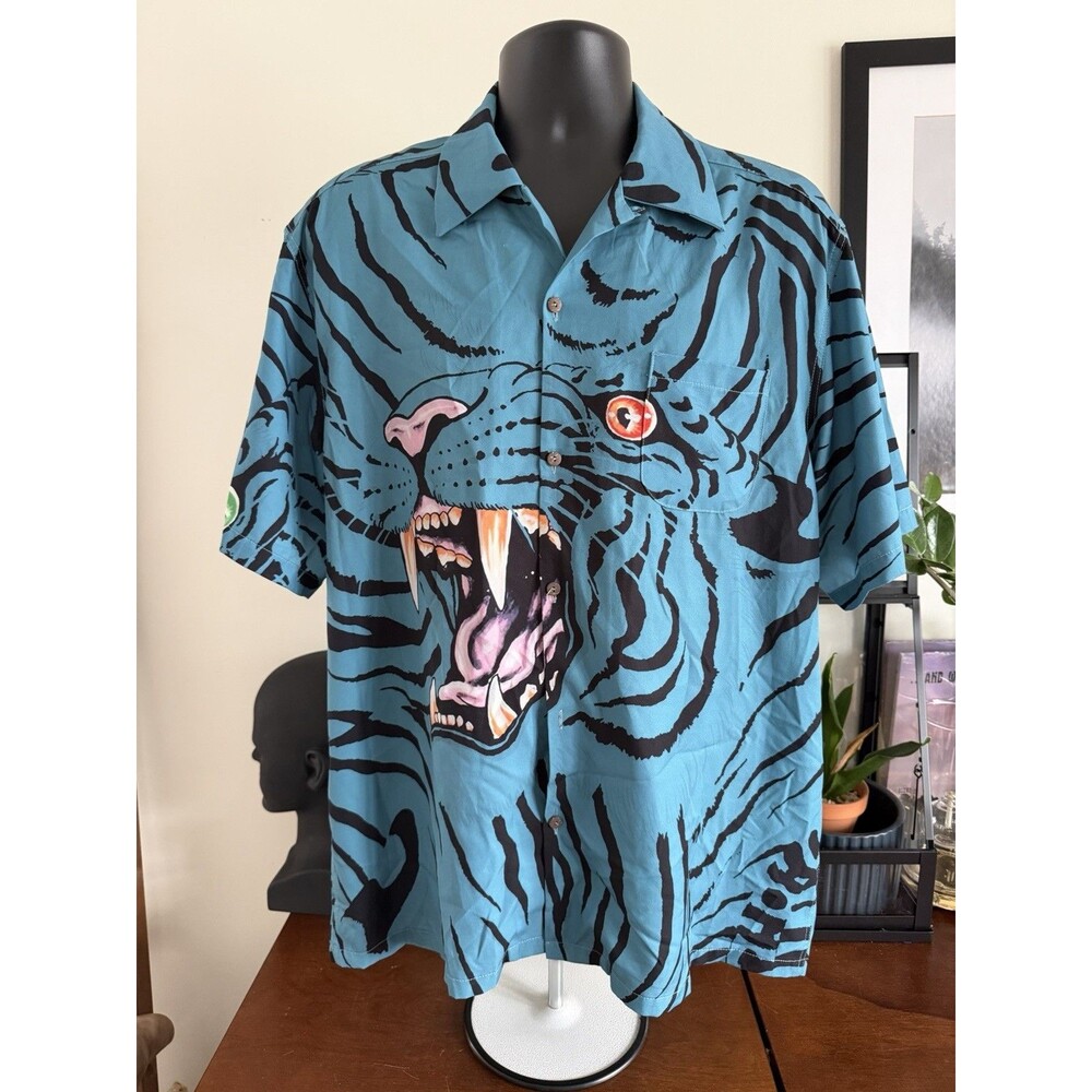 Wacko Maria Tim Lehi The Guilty Parties Shirt Men XL Hawaiin Teal Tiger AMAZING!